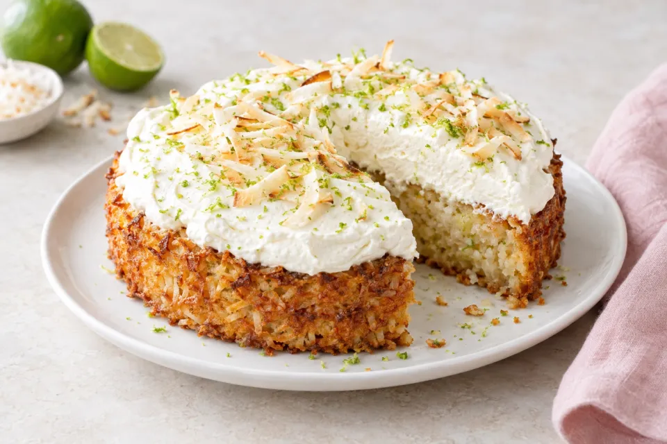 Flourless Bitter Lime Coconut Macaroon Cake with White Chocolate Whipped Cream