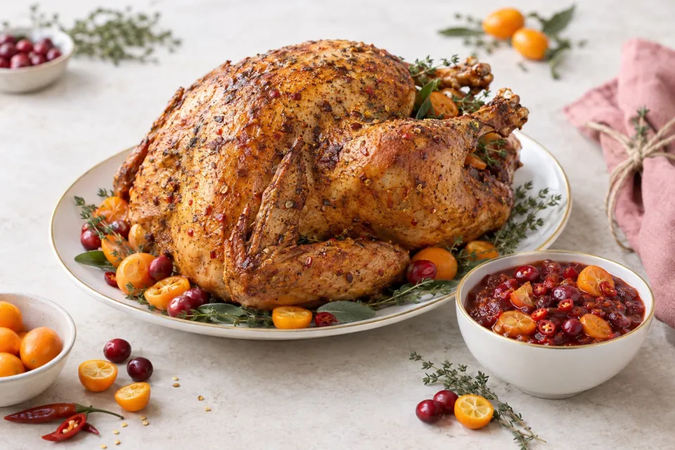 Habanero-Brined Roasted Turkey with Cranberry Kumquat Chutney