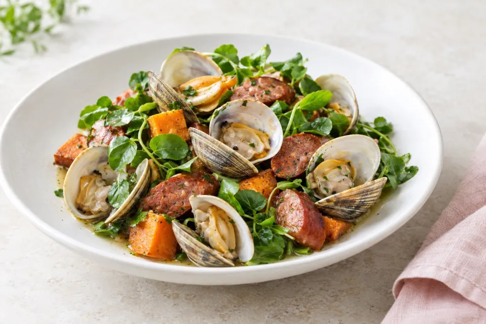 Clams with Sweet Potato Smoked Sausage and Watercress
