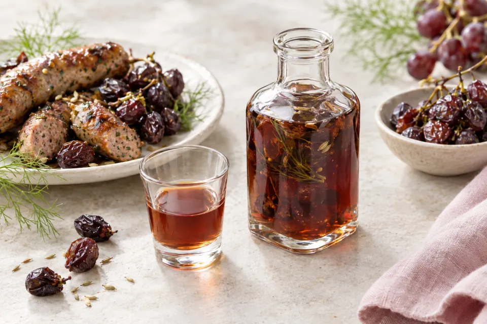 Fennel Sausage with Wrinkled Grapes and Grape Extract