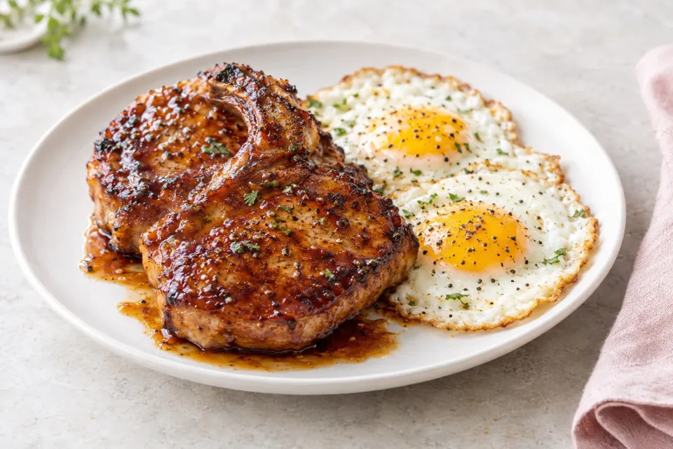 Bourbon-Glazed Pork Chops and Fried Eggs