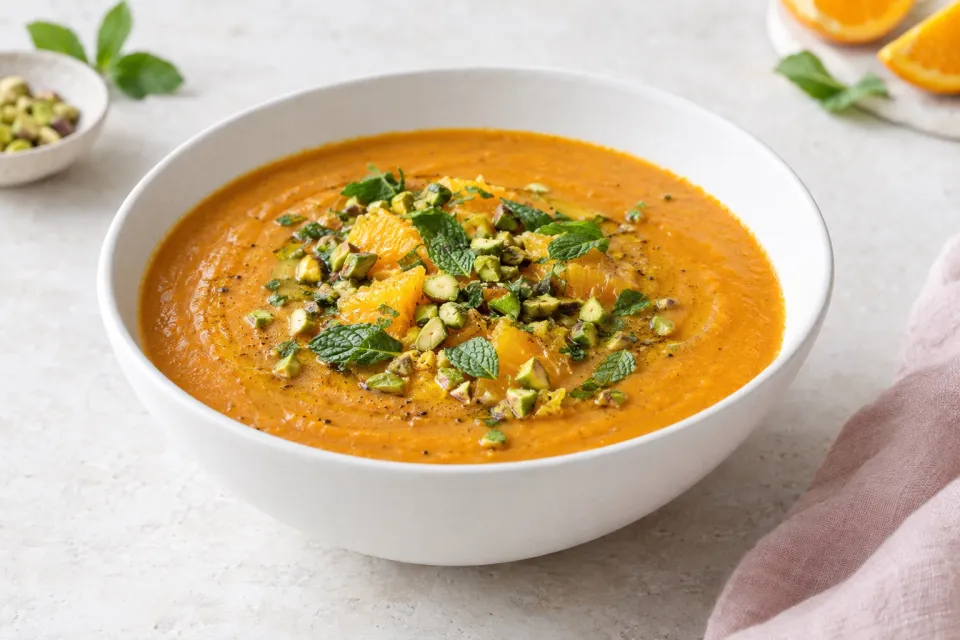 Roasted Sweet Potato Soup with Pistachio, Orange, and Mint Salsa