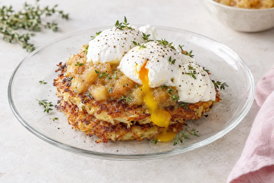 Potato Pancakes with Oven-Roasted Thyme Applesauce, Sour Cream, and Poached Eggs