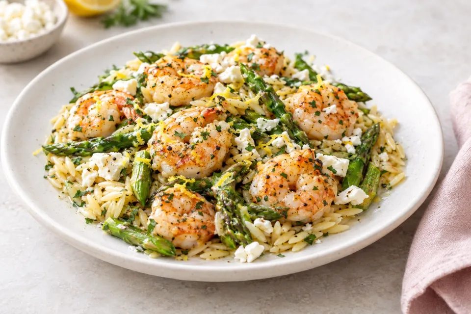 Skillet Shrimp with Orzo, Feta and Asparagus