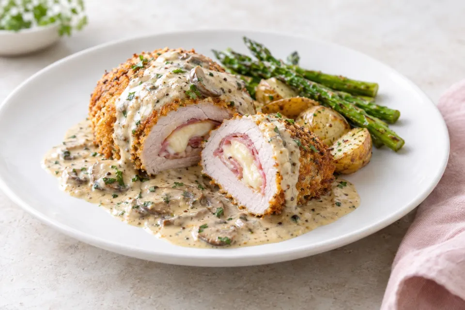 Pork Tenderloin Cordon Bleu with Mushroom-Mustard Cream Sauce
