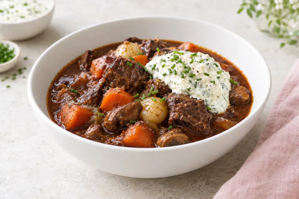 Beef Stew with Red Wine and Horseradish-Chive Cream