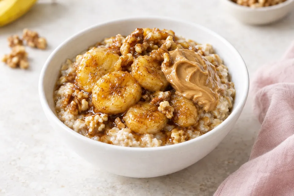 Bananas Foster Oatmeal with Walnuts and Peanut Butter