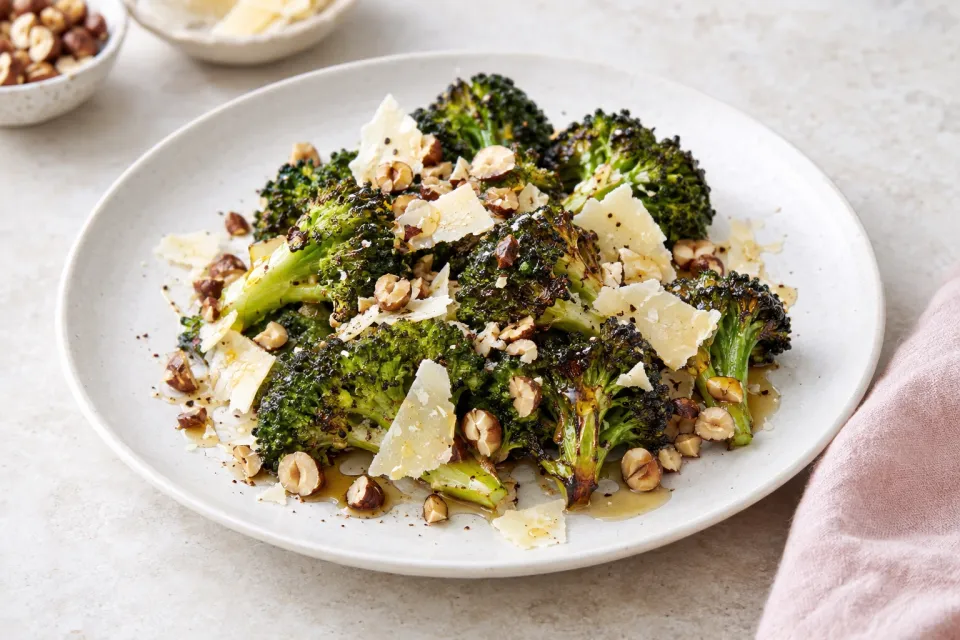 Charred Broccoli with Manchego, Hazelnuts, and Honey