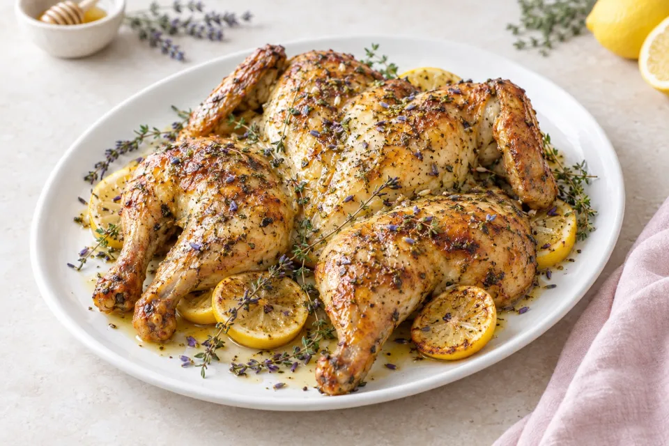 Lavender, Lemon, and Honey Spatchcocked Roast Chicken