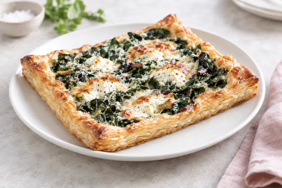 Three-Cheese Hearty Greens and Puff Pastry Tart