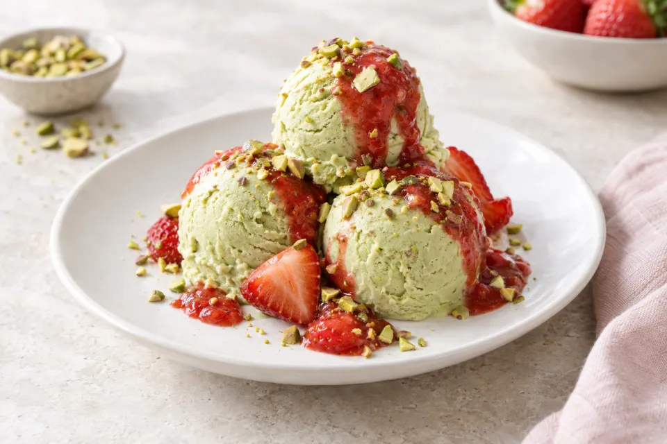 Pistachio Gelato with Strawberry Sauce