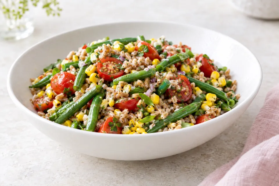 Farro Salad with Green Beans, Corn, and Cherry Tomatoes