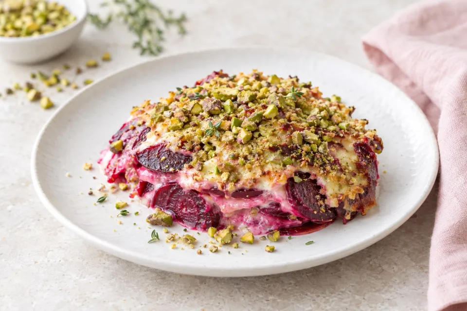 Creamy Beet Gratin with Pistachio Crumble