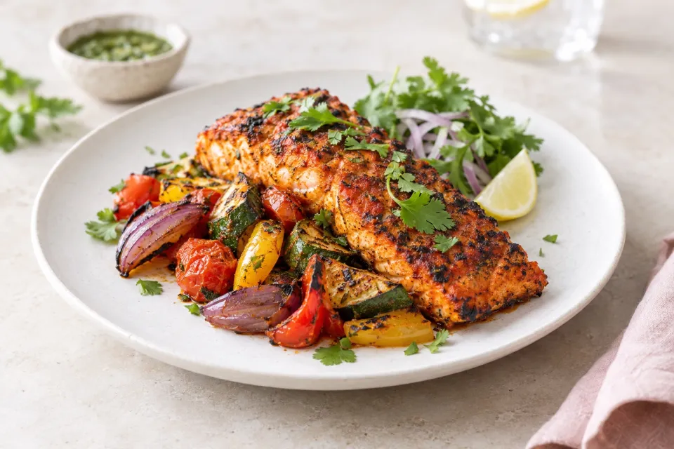 Tandoori-Style Charred Salmon and Vegetables