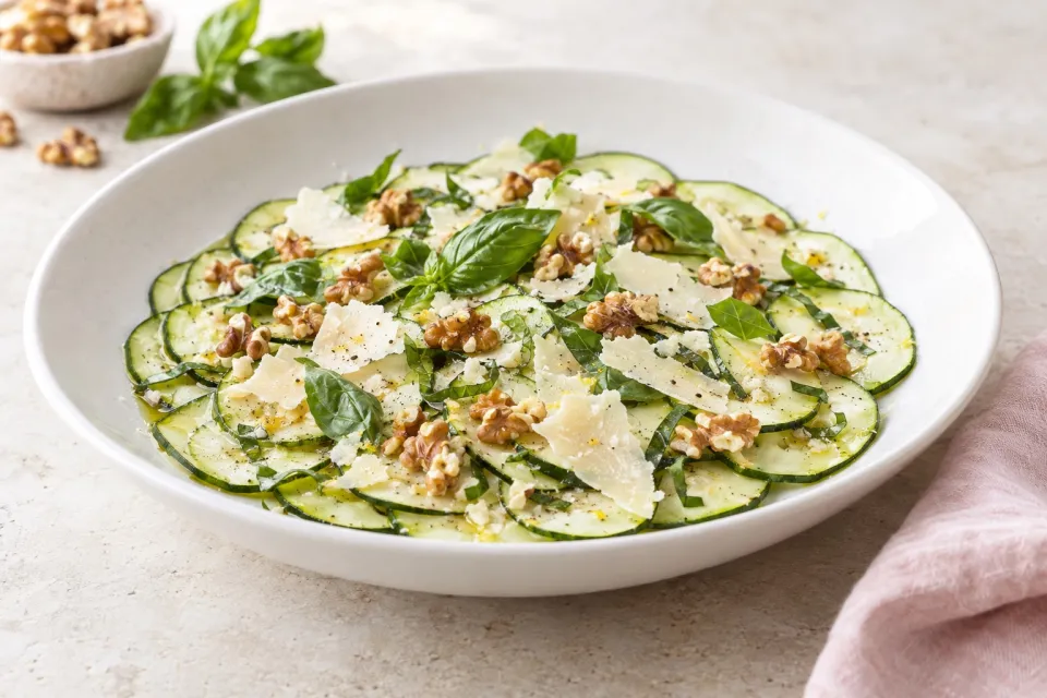 Zucchini Carpaccio Salad with Parmesan, Basil, and Walnuts