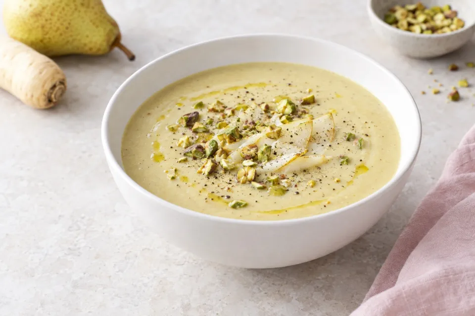 Pear, Pistachio, and Parsnip Soup