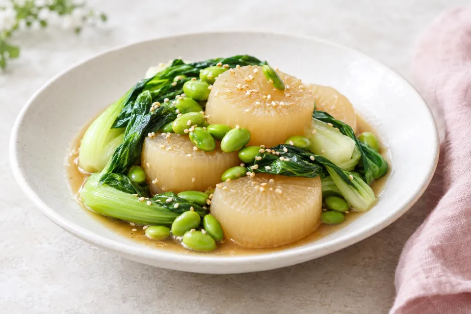 Vegan: Japanese Simmered Daikon with Bok Choy and Edamame