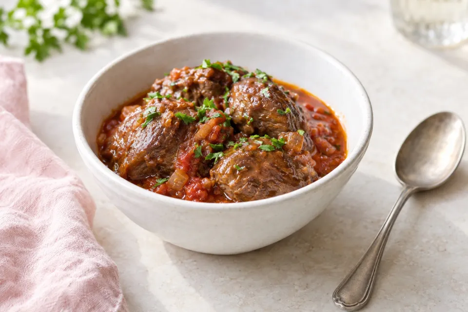 Pork Cheeks Braised in Tomato Wine Sauce