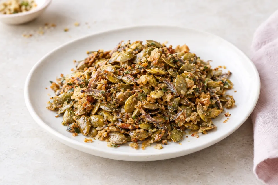 Roasted Pumpkin Seeds with Anchovy Bread Crumbs