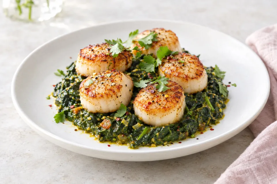 Seared Scallops with Indian Spinach