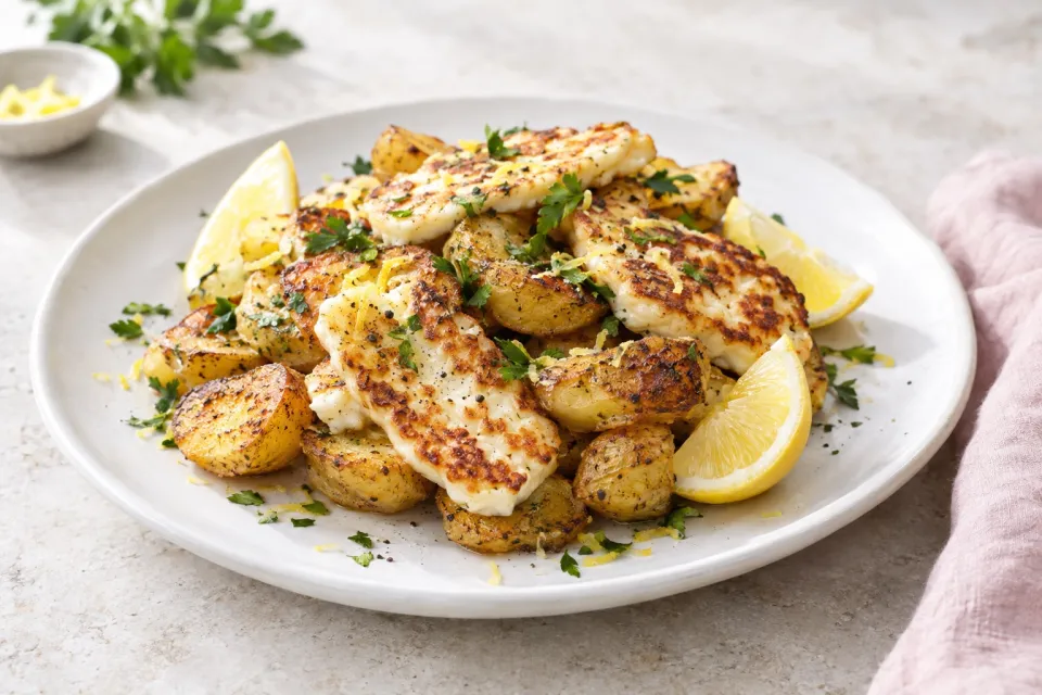 Lemony Broiled Potatoes with Halloumi Cheese