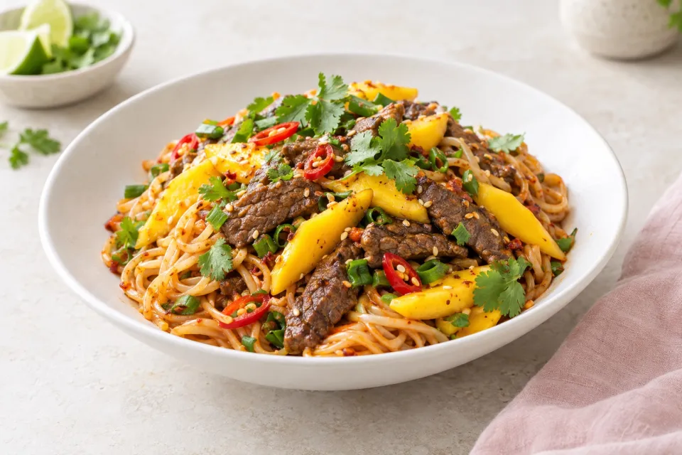 Spicy Noodle Bowl with Beef and Mango