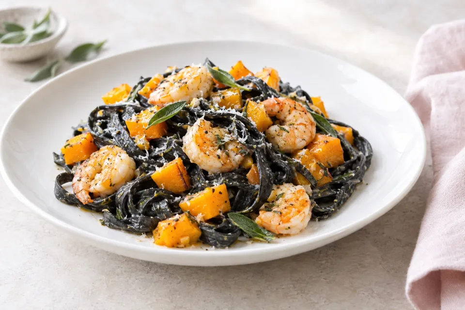 Black Fettuccine with Shrimp and Butternut Squash