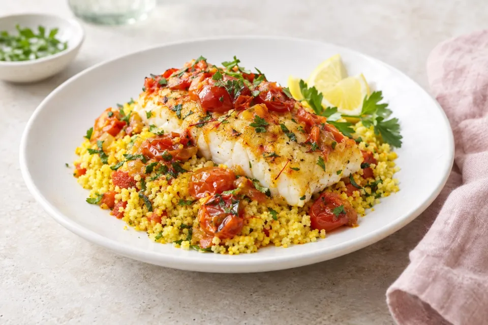 Fish with Saffron-Tomato Cous Cous