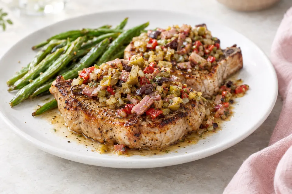 One-Dish Pork Chops with Muffuletta Relish