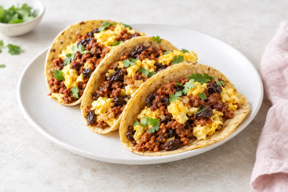 Chorizo, Egg and Raisin Tacos