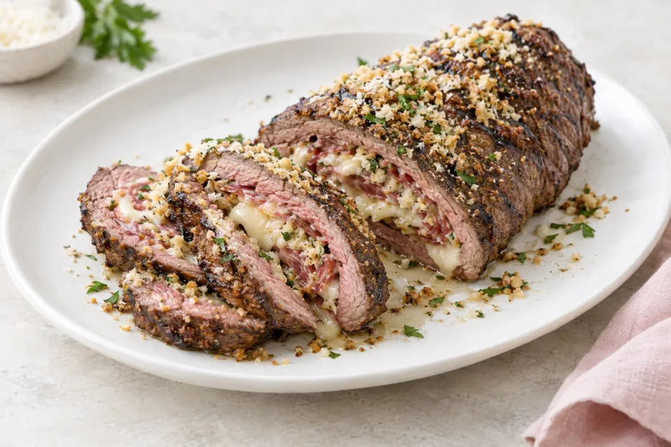 Grilled Stuffed Flank Steak with Salami, Fontina, Parmesan, and Bread Crumbs