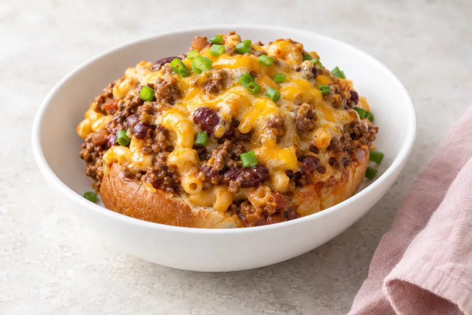 Sloppy Jessica, or Mac-and-Cheese-Chili Pizza on a Bun