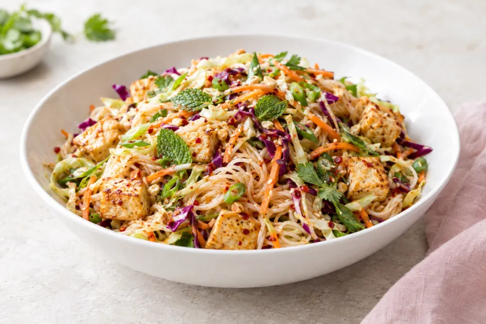 Spicy Rice Noodle Salad with Cabbage and Tofu