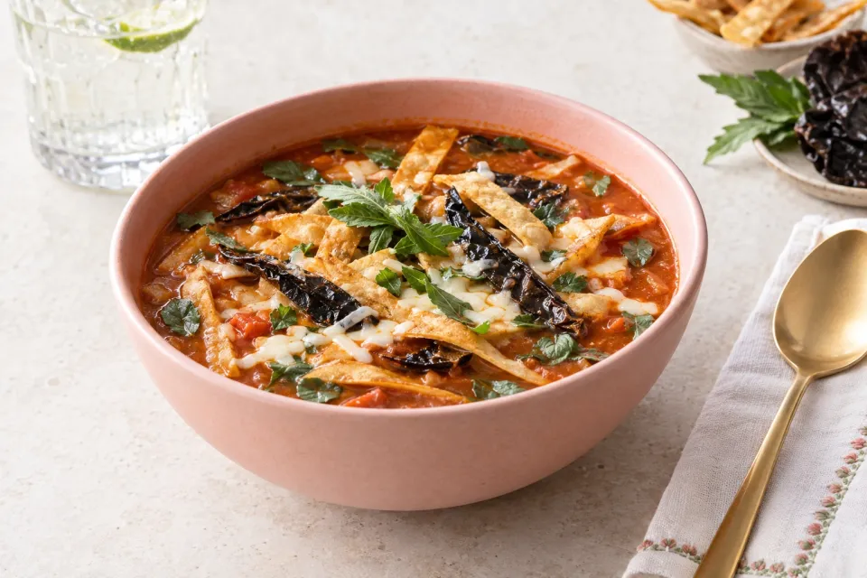 Tortilla Soup with Fried Pasilla Chiles
