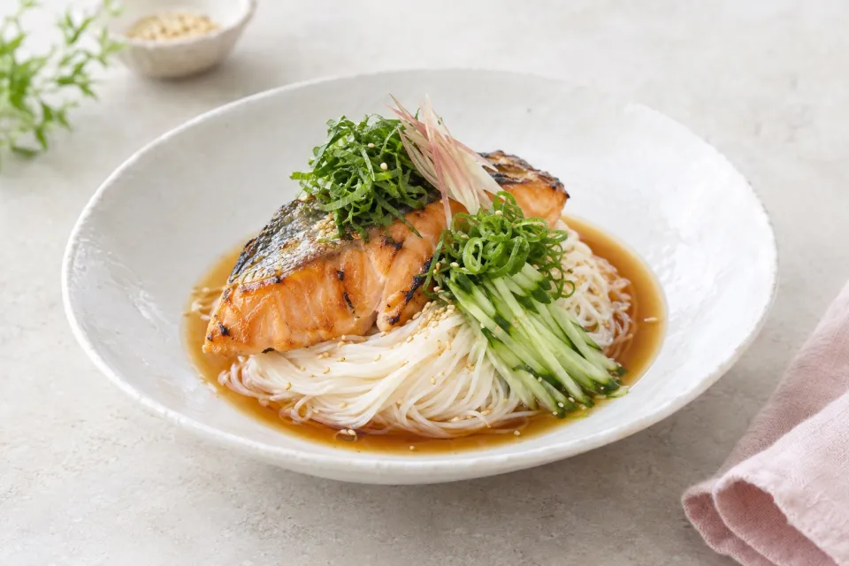Takashi Yagihashi's Grilled Salmon and Chilled Somen with Ponzu Sauce