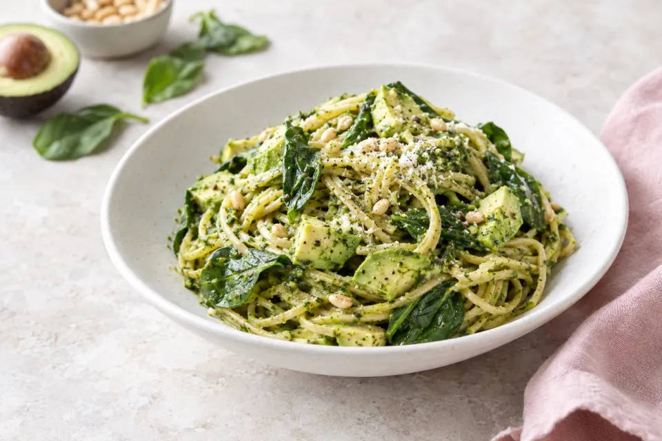 Pesto Pasta with Spinach and Avocado