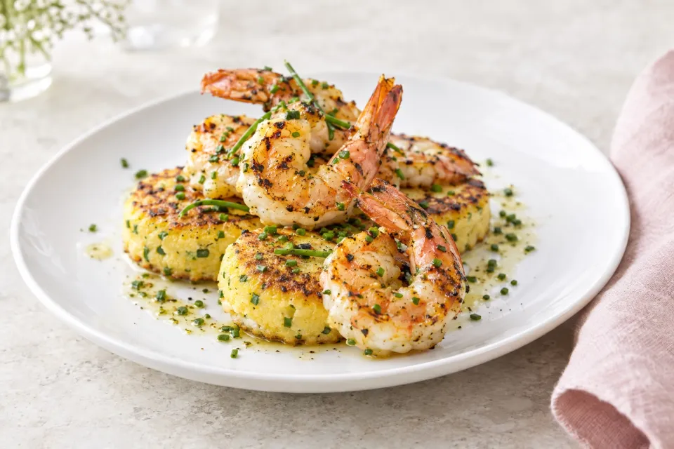 Grilled Shrimp with Chive Polenta Cakes