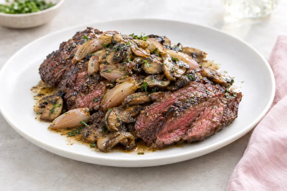 Hanger Steak with Shallots and Mushrooms