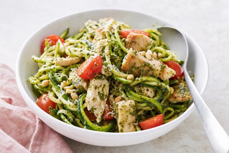 Zucchini Noodle Chicken Pesto Bowl