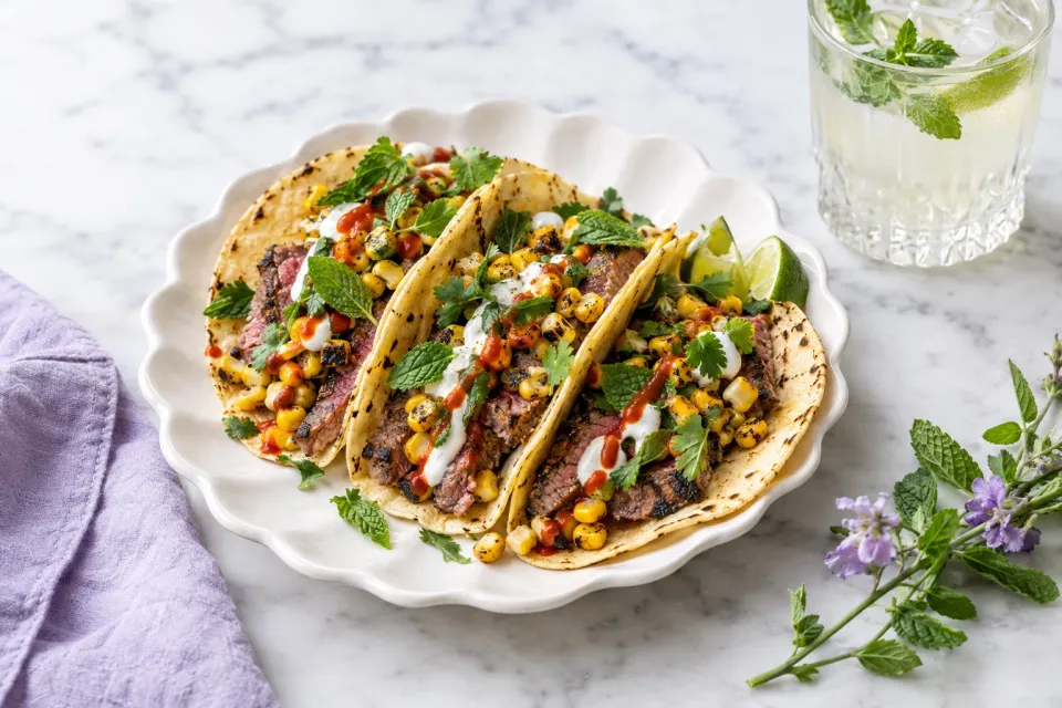 Easy Steak Tacos with Charred Corn and Sriracha