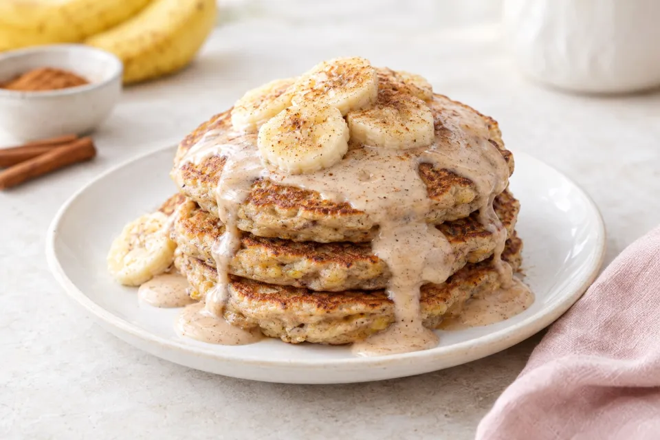 Banana Bread Pancakes with Cinnamon Cream Cheese Syrup