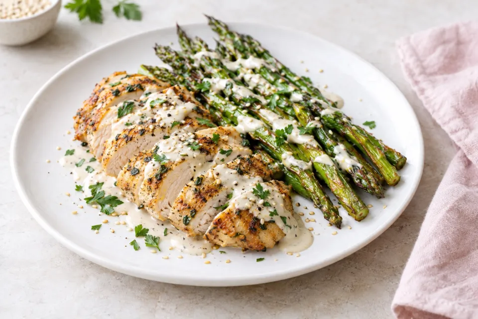 Chicken and Roasted Asparagus with Tahini Sauce