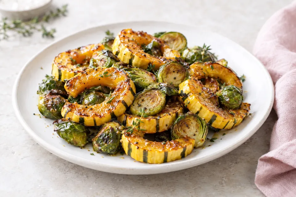 Maple Glazed Roasted Delicata Squash and Brussels Sprouts