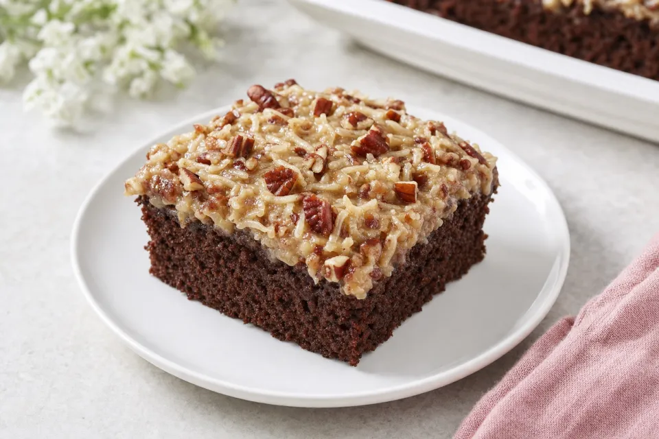 German Chocolate Snack Cake with Coconut-Pecan Frosting