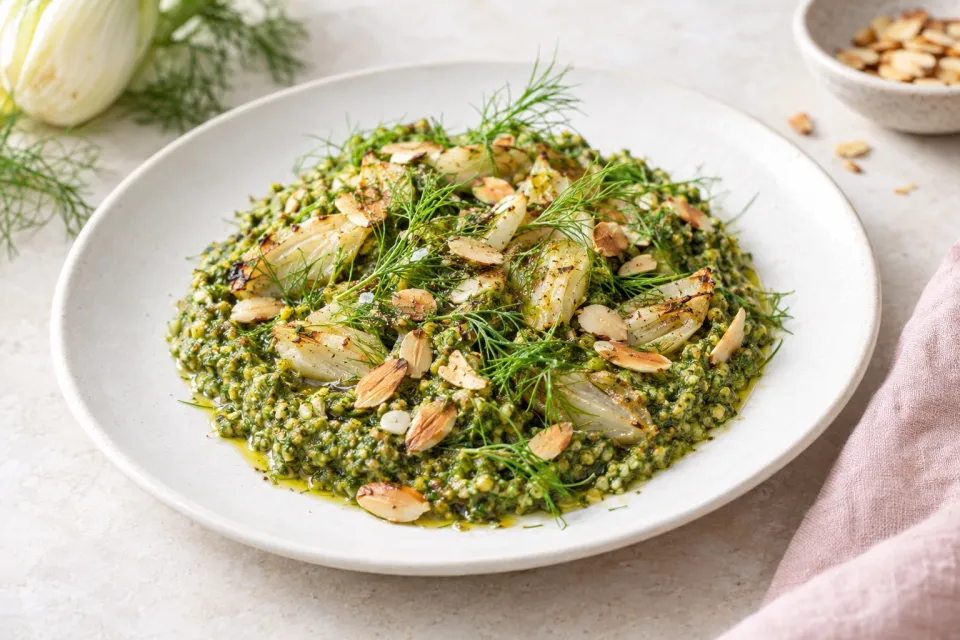 Roasted-Fennel Pesto with Fennel Fronds, Toasted Almonds, and Garlic