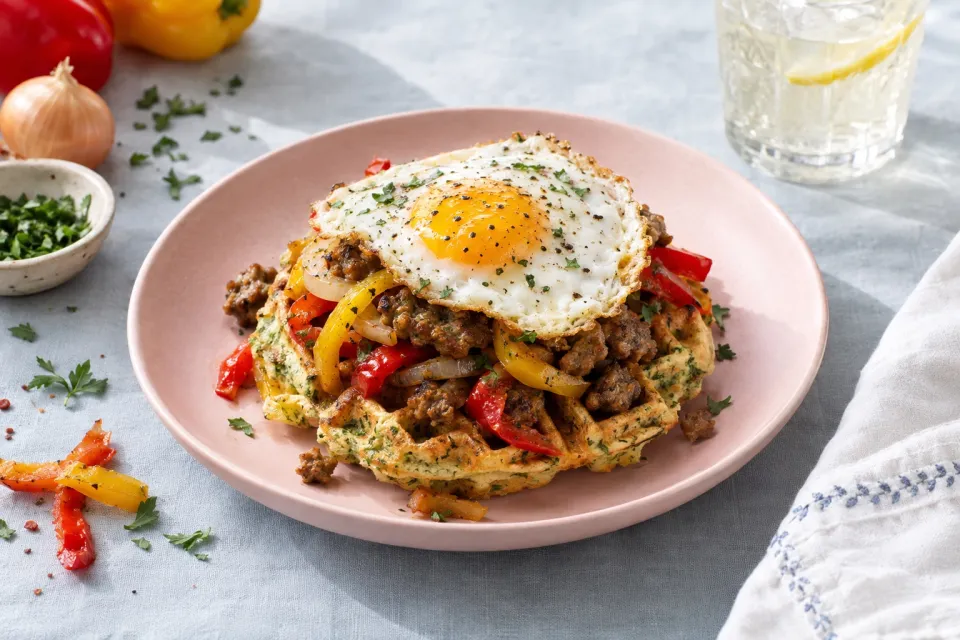 Herb Waffles with Sausage, Peppers, and a Fried Egg