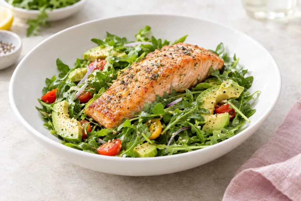 Pan-Roasted Salmon with Arugula and Avocado Salad