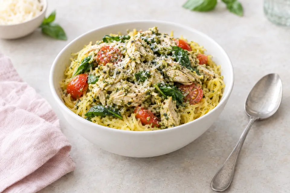Pesto Chicken Stuffed Spaghetti Squash