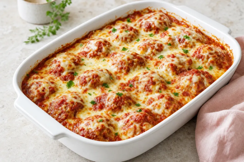 Chicken Parmesan Meatball Casserole