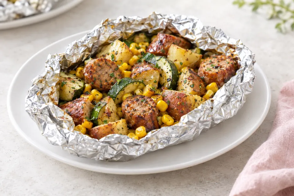 Foil Packs with Sausage, Corn, Zucchini and Potatoes
